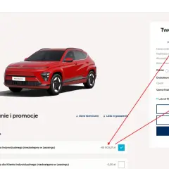 Czerwony Hyundai KONA Electric z rabatem 40 000 zł. Cena finalna 144 899,99 zł.