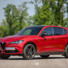 Czerwone Alfa Romeo Stelvio na drodze, z zielenią w tle. Zastanawiasz się nad jego spalaniem?