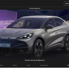 Nowy, elektryczny Tavascan Cupra prezentuje się dynamicznie na tle nowoczesnej architektury.