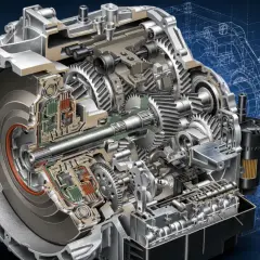 Przekrój nowoczesnej skrzyni biegów, ukazujący złożoność mechanizmów i elektroniki. To serce pojazdu, zapewniające płynny powershift.