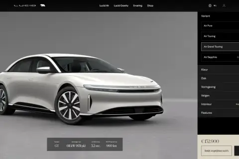 Srebrny Lucid Air Grand Touring, z opcją konfiguracji i ceną 132.900 €.