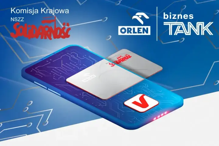 Karta podarunkowa Orlen na tle telefonu z grafiką obwodów drukowanych. Logo "Solidarności" i "Biznes Tank" również widoczne.