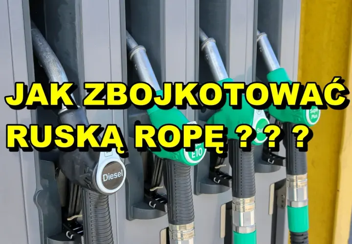 Dyspensery paliwa na stacji, z napisem "Jak zbojkotować ruską ropę?". Symbolizuje to problematykę energetyczną i poszukiwanie alternatyw dla paliw z Rosji, co jest związane z funkcjonowaniem rafinerii ropy naftowej.