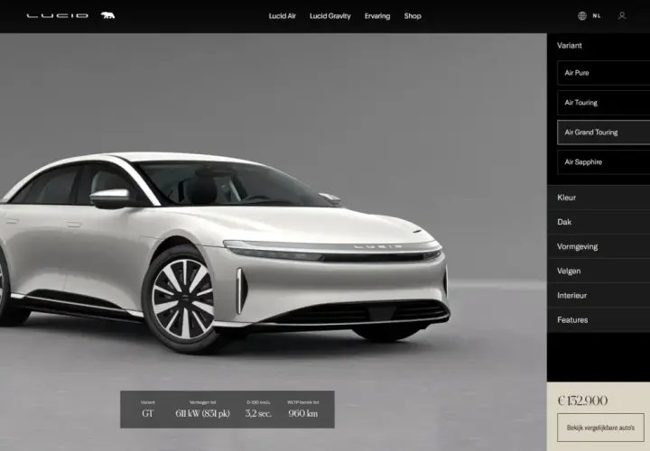 Srebrny Lucid Air Grand Touring, z opcją konfiguracji i ceną 132.900 €.