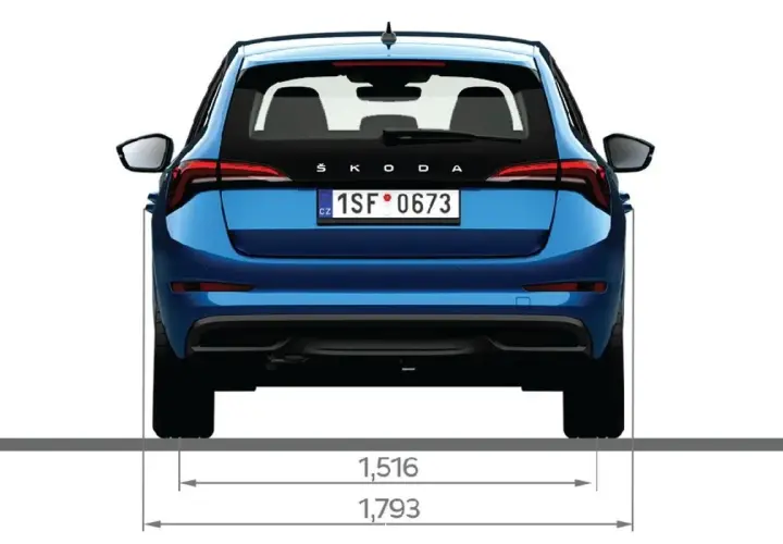 Niebieska Skoda Scala z tyłu, z widocznymi wymiarami 1,516 m i 1,793 m.