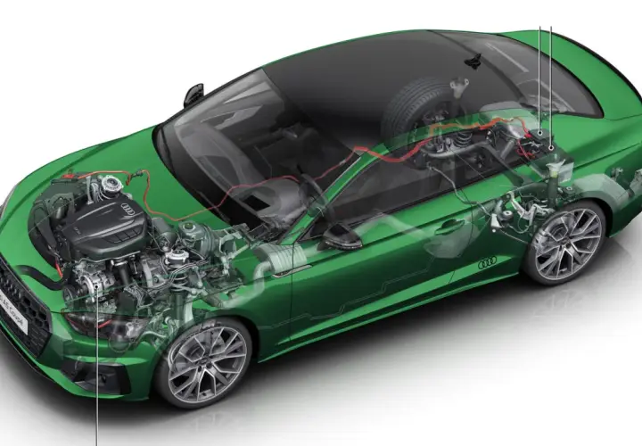 Przekrój zielonego Audi A5 Coupé ukazujący silnik, układ napędowy i elementy zawieszenia. To przykład miękkiej hybrydy, gdzie technologia wspiera tradycyjny silnik.