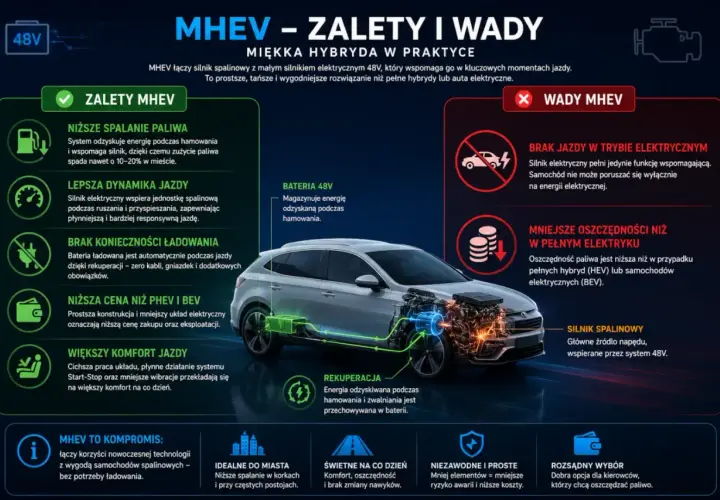 Samochody hybrydowe MHEV łączą silnik spalinowy z elektrycznym 48V. Zalety: niższe spalanie, lepsza dynamika, brak ładowania. Wady: brak jazdy na prądzie, mniejsze oszczędności.
