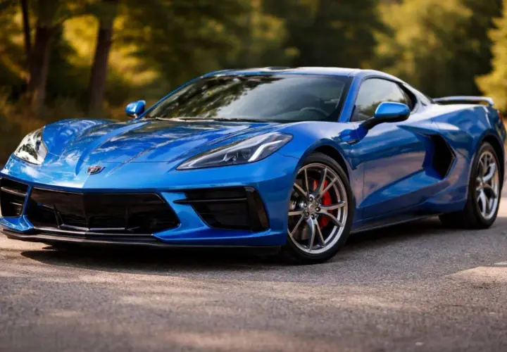 Błękitny Chevrolet Corvette C8, jedna z ikonicznych marek General Motors, prezentuje się dynamicznie na tle drzew.