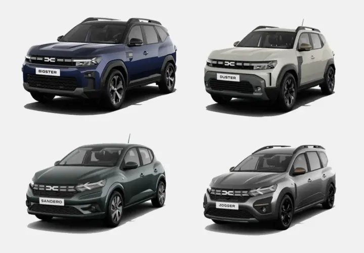 Cztery modele Dacia: Bigster, Duster, Sandero i Jogger. Wyobraź sobie, że to ich wersje dacia hybryda, gotowe na przyszłość.