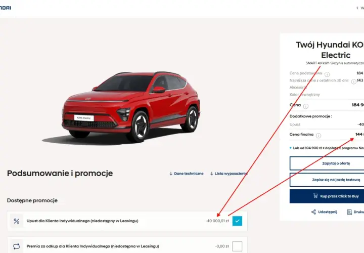 Czerwony Hyundai KONA Electric z rabatem 40 000 zł. Cena finalna 144 899,99 zł.