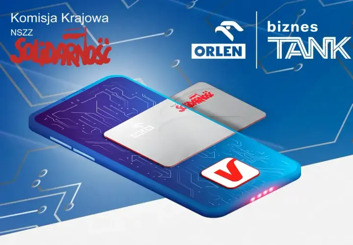 Karta podarunkowa Orlen na tle telefonu z grafiką obwodów drukowanych. Logo "Solidarności" i "Biznes Tank" również widoczne.