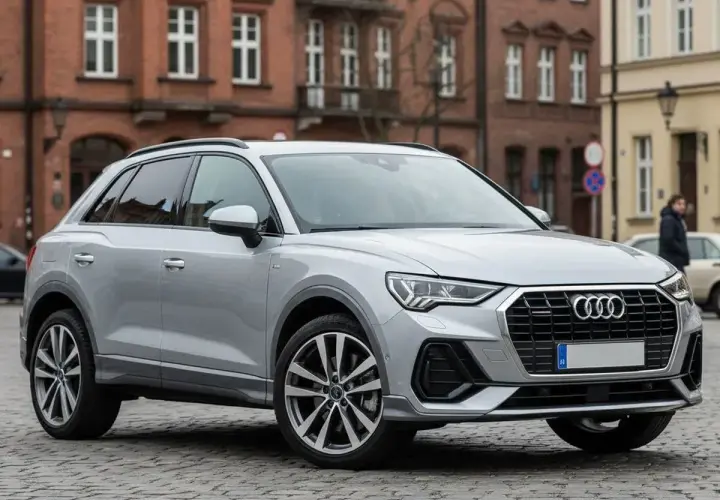 Srebrne Audi Q3 na brukowanej ulicy. Sprawdź atrakcyjną audi q3 cena i wybierz swój wymarzony SUV.