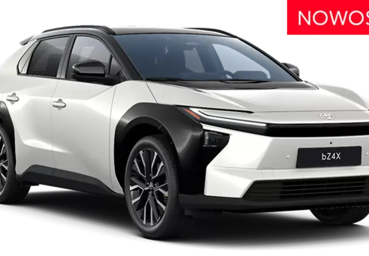 Nowy, biały SUV Toyota bZ4X z czarnymi dodatkami i stylowymi felgami. Nowość na rynku!