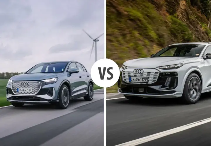 Dwa modele Audi e-tron: szary SUV na tle wiatraków i biały SUV na krętej drodze.