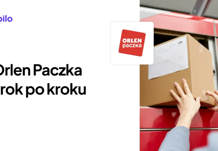 Ręce wkładają paczkę do czerwonego automatu paczkowego. Logo Orlen Paczka.
