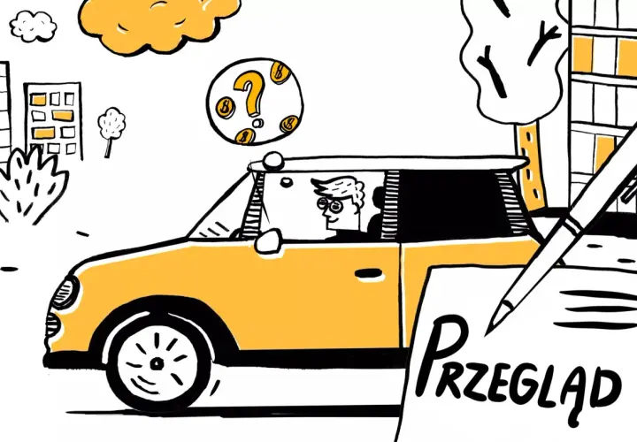 Mężczyzna w okularach jedzie żółtym samochodem. Obok niego dokument z napisem "Przegląd" i symbolem dolara.