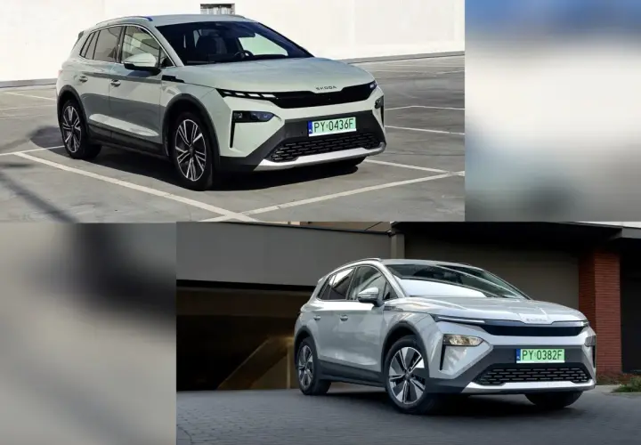 Dwa modele Skoda Elroq w różnych kolorach, jeden jasnoszary na parkingu, drugi srebrny przed budynkiem.