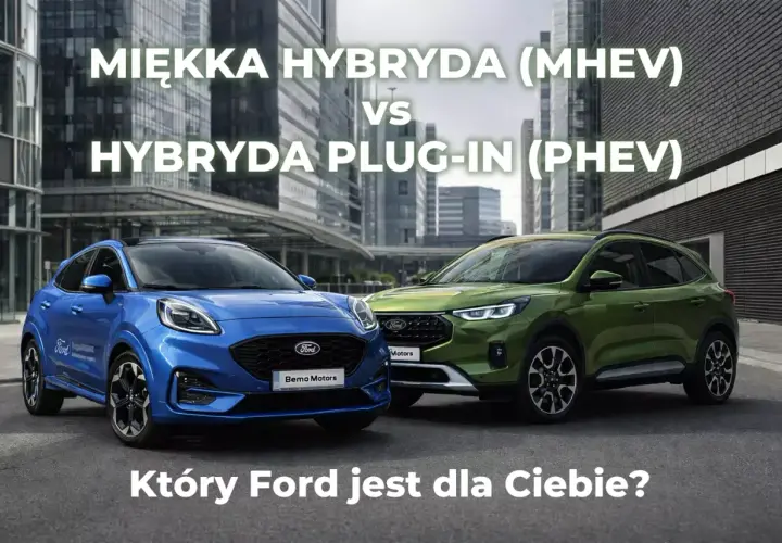 Niebieski Ford Puma Hybrid i zielony SUV obok siebie. Porównanie miękkiej hybrydy (MHEV) z hybrydą plug-in (PHEV).