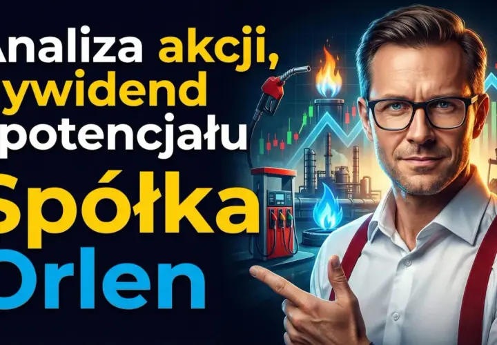 Analiza akcji PKN Orlen: dywidendy i potencjał wzrostu. Mężczyzna w okularach wskazuje na wykresy giełdowe i rafinerię.