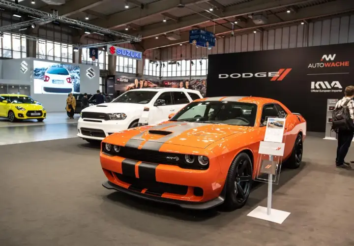 Pomarańczowy Dodge Challenger SRT na wystawie, obok białego Durango. Sprawdź dodge challenger cena i dostępne modele.