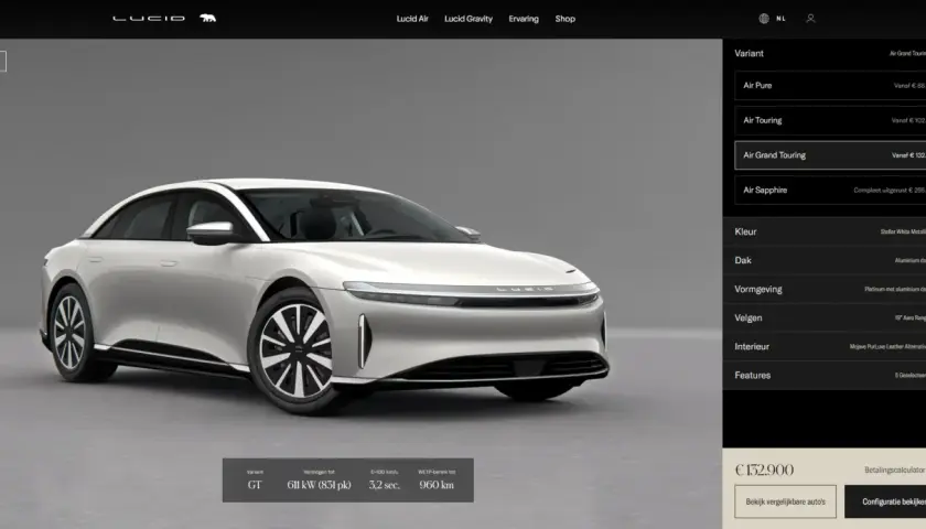 Srebrny Lucid Air Grand Touring, z opcją konfiguracji i ceną 132.900 €.