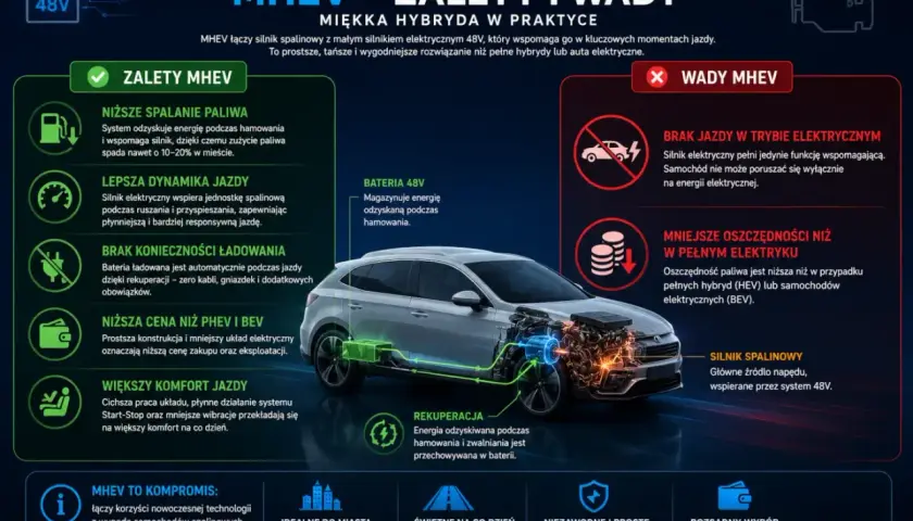Samochody hybrydowe MHEV łączą silnik spalinowy z elektrycznym 48V. Zalety: niższe spalanie, lepsza dynamika, brak ładowania. Wady: brak jazdy na prądzie, mniejsze oszczędności.
