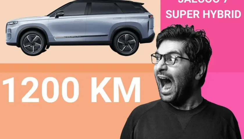 Szary JAECOO 7 SUPER HYBRID z imponującym zasięgiem 1200 km. Mężczyzna z otwartymi ustami wyraża zdumienie.