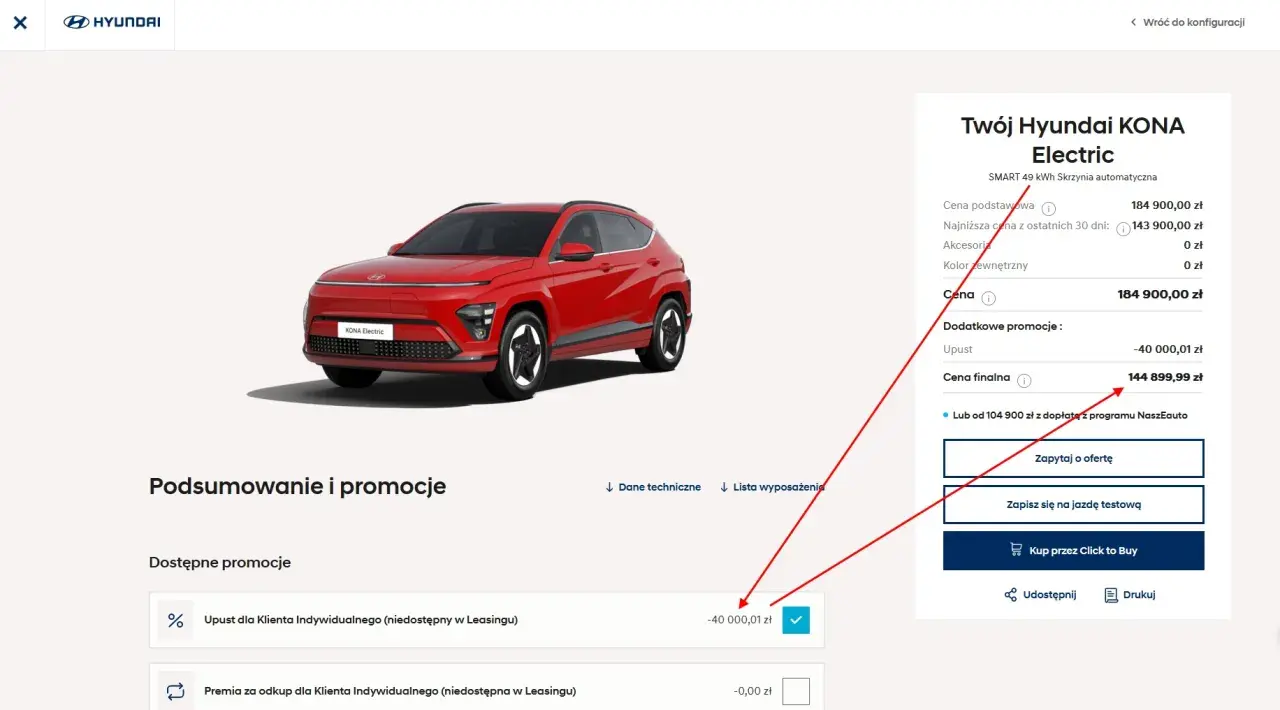 Czerwony Hyundai KONA Electric z rabatem 40 000 zł. Cena finalna 144 899,99 zł.