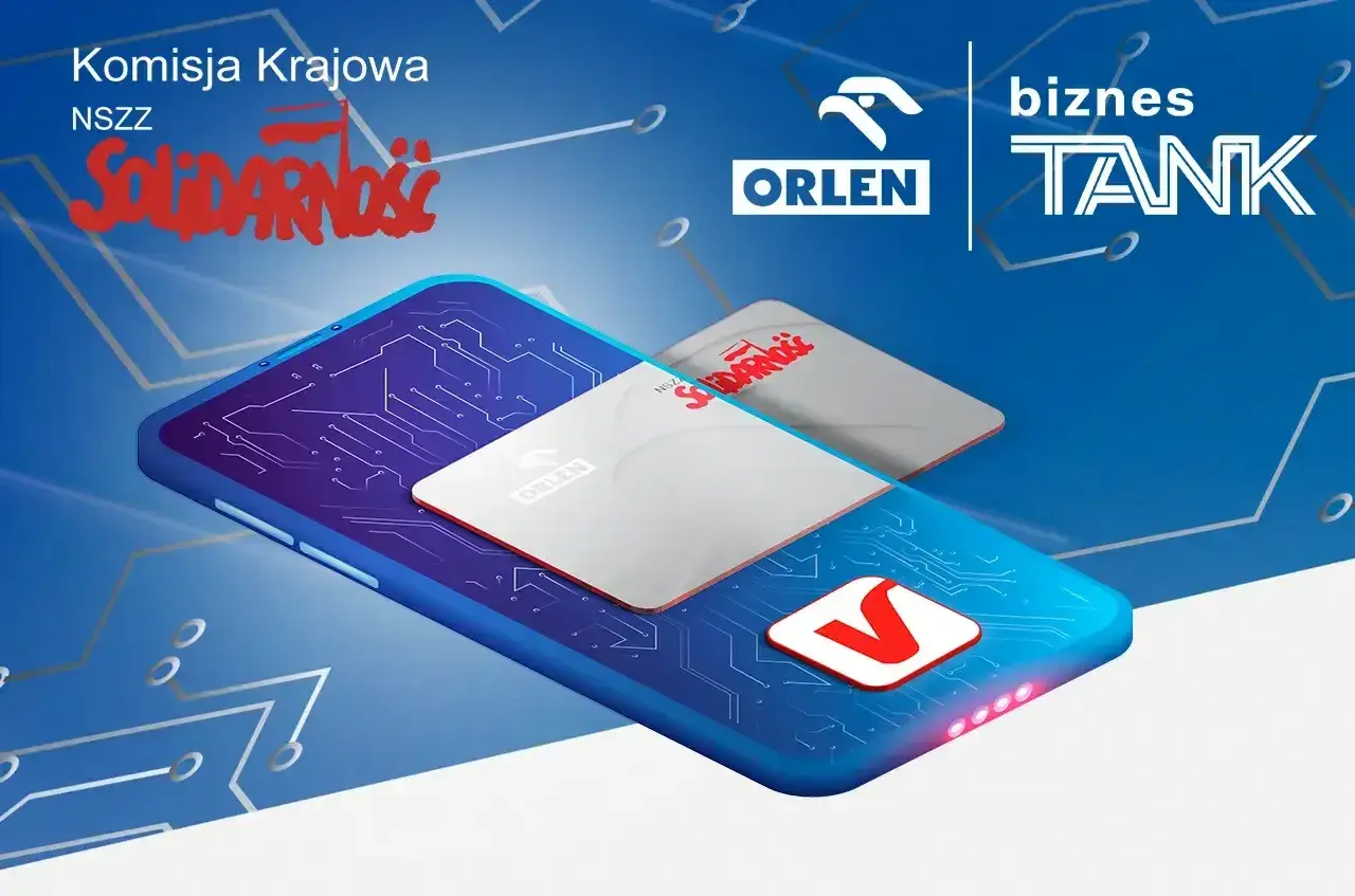 Karta podarunkowa Orlen na tle telefonu z grafiką obwodów drukowanych. Logo "Solidarności" i "Biznes Tank" również widoczne.