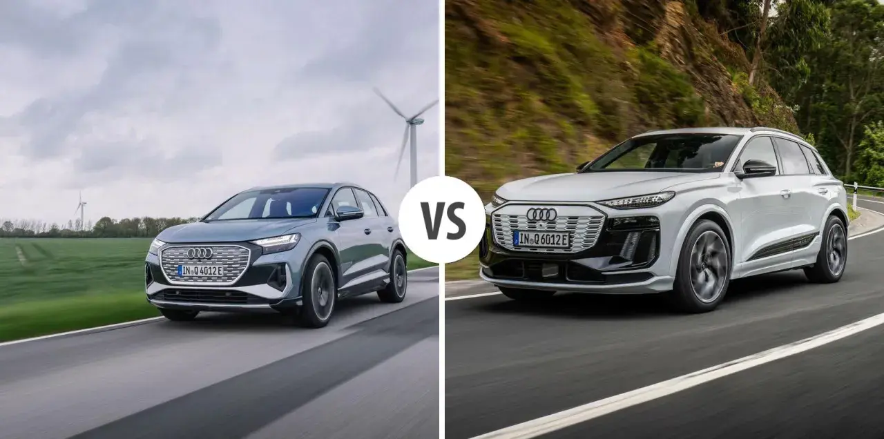 Dwa modele Audi e-tron: szary SUV na tle wiatraków i biały SUV na krętej drodze.