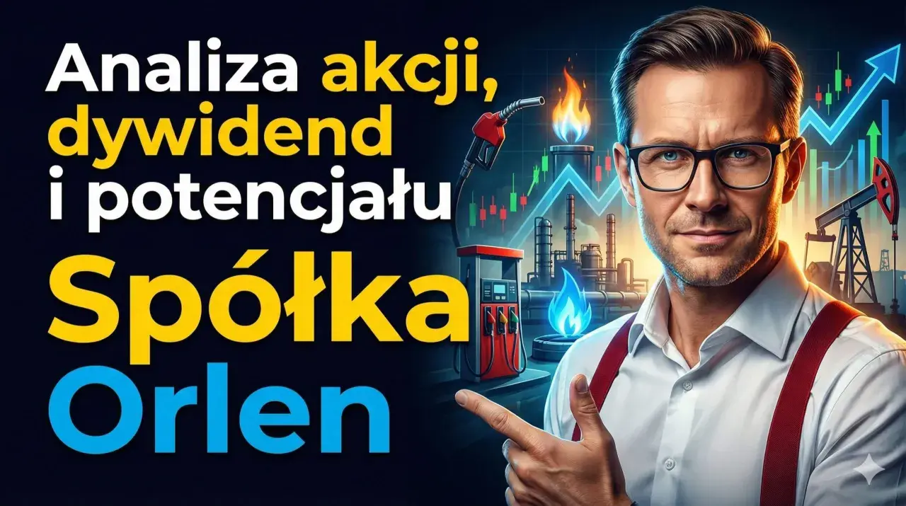 Analiza akcji PKN Orlen: dywidendy i potencjał wzrostu. Mężczyzna w okularach wskazuje na wykresy giełdowe i rafinerię.