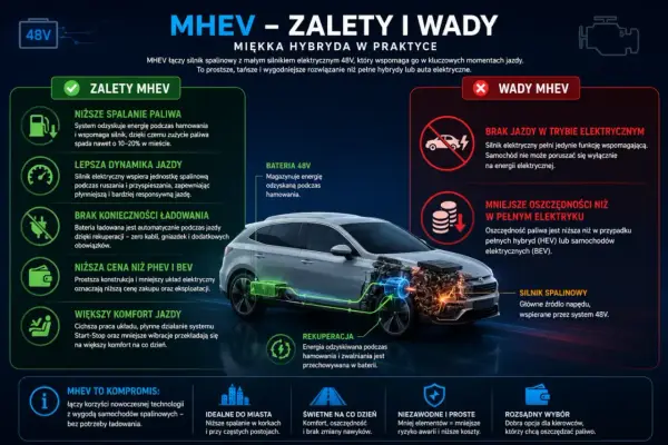 Samochody hybrydowe MHEV łączą silnik spalinowy z elektrycznym 48V. Zalety: niższe spalanie, lepsza dynamika, brak ładowania. Wady: brak jazdy na prądzie, mniejsze oszczędności.