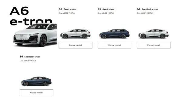 Audi A6 e-tron i S6 Sportback e-tron w różnych wersjach nadwozia i kolorach. Wybierz swój wymarzony model Audi.